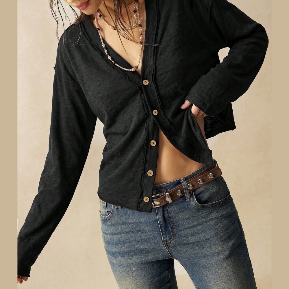 Black Slub Knit Button Front Raw Trim Cropped Cardigan